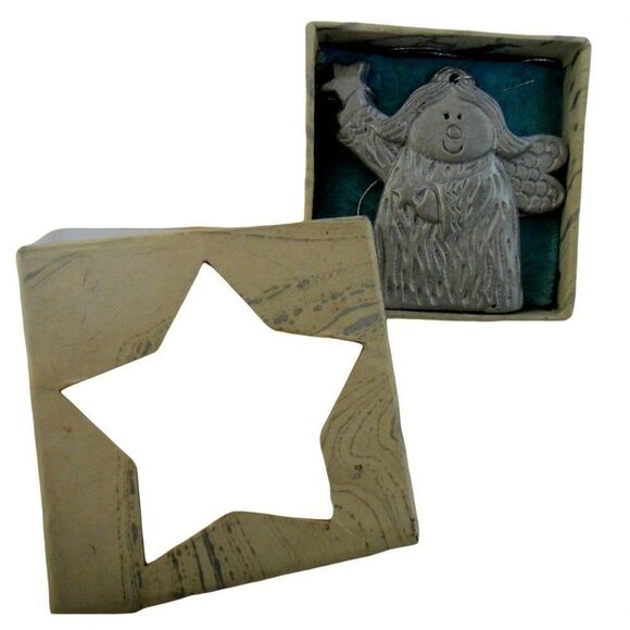 Angel Ornaments Set of 5 Boxed Ceramic All Same Silver Pattern Artsy Style - Picture 3 of 6